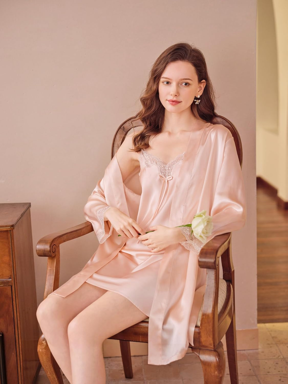 Silk Lace Pajama Set Pale Pink, Silk Slip Chemise Nightgown with Robe, V Neck Lace Sleeve Joint Vanilla Ice Color