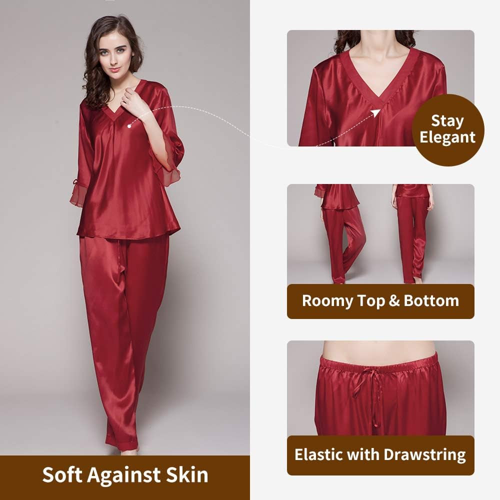 Women'S 100% Silk Pajamas Set V Neck 3/4 Long Sleeve Mulberry Silk Sleepwear