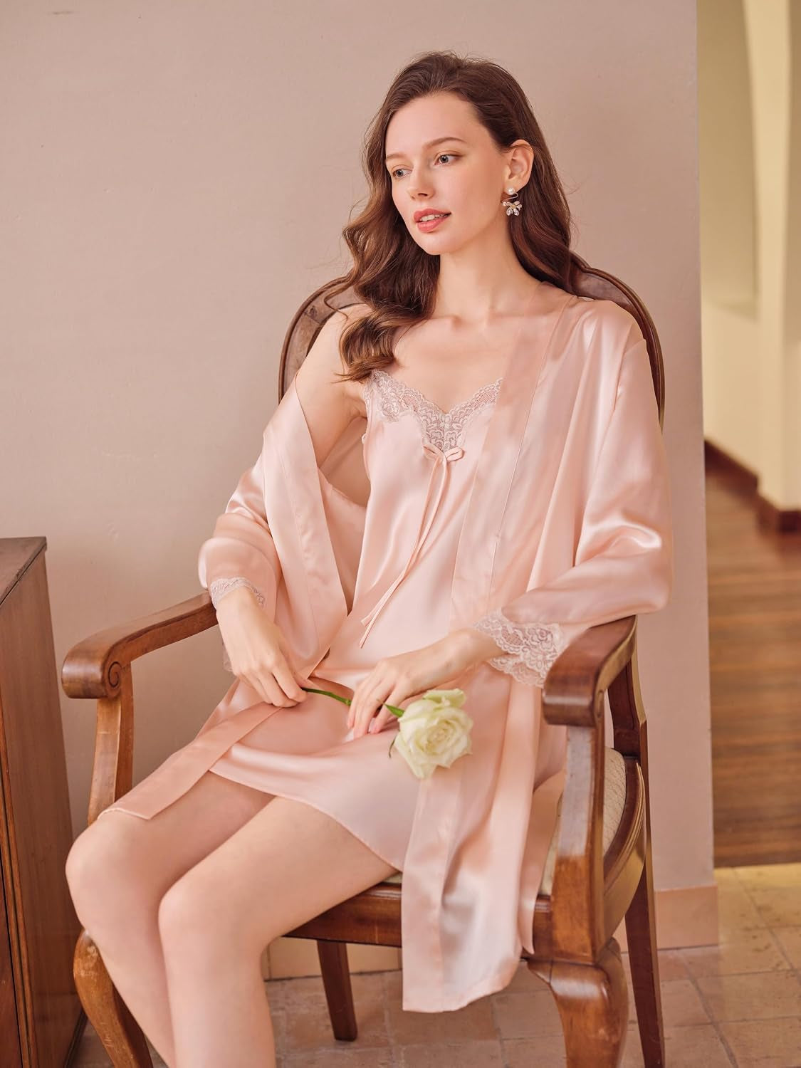 Silk Lace Pajama Set Pale Pink, Silk Slip Chemise Nightgown with Robe, V Neck Lace Sleeve Joint Vanilla Ice Color