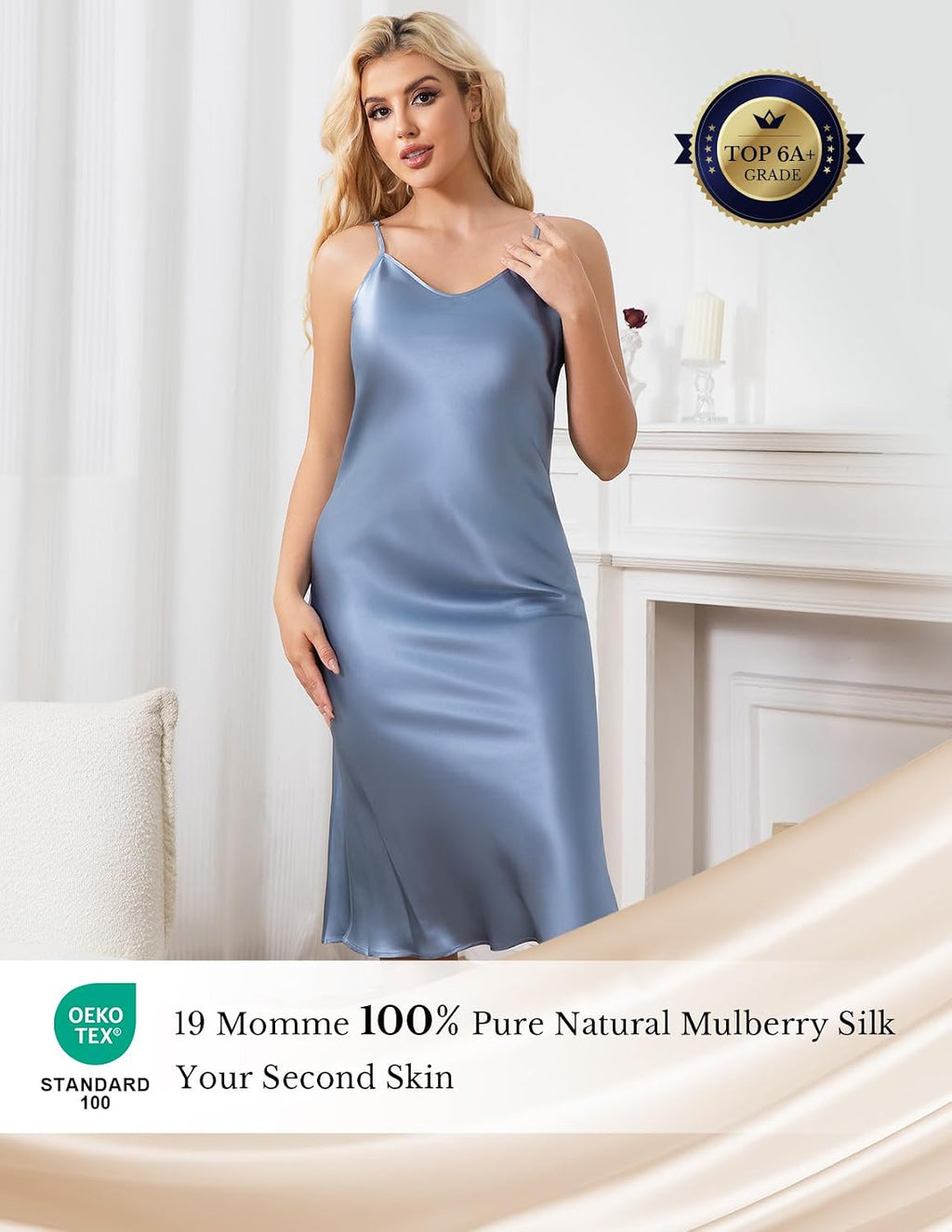 Silk Long Nightgowns for Women, Pure Mulberry Silk Charmeuse Nightdress, Lingerie Adjustable Strap