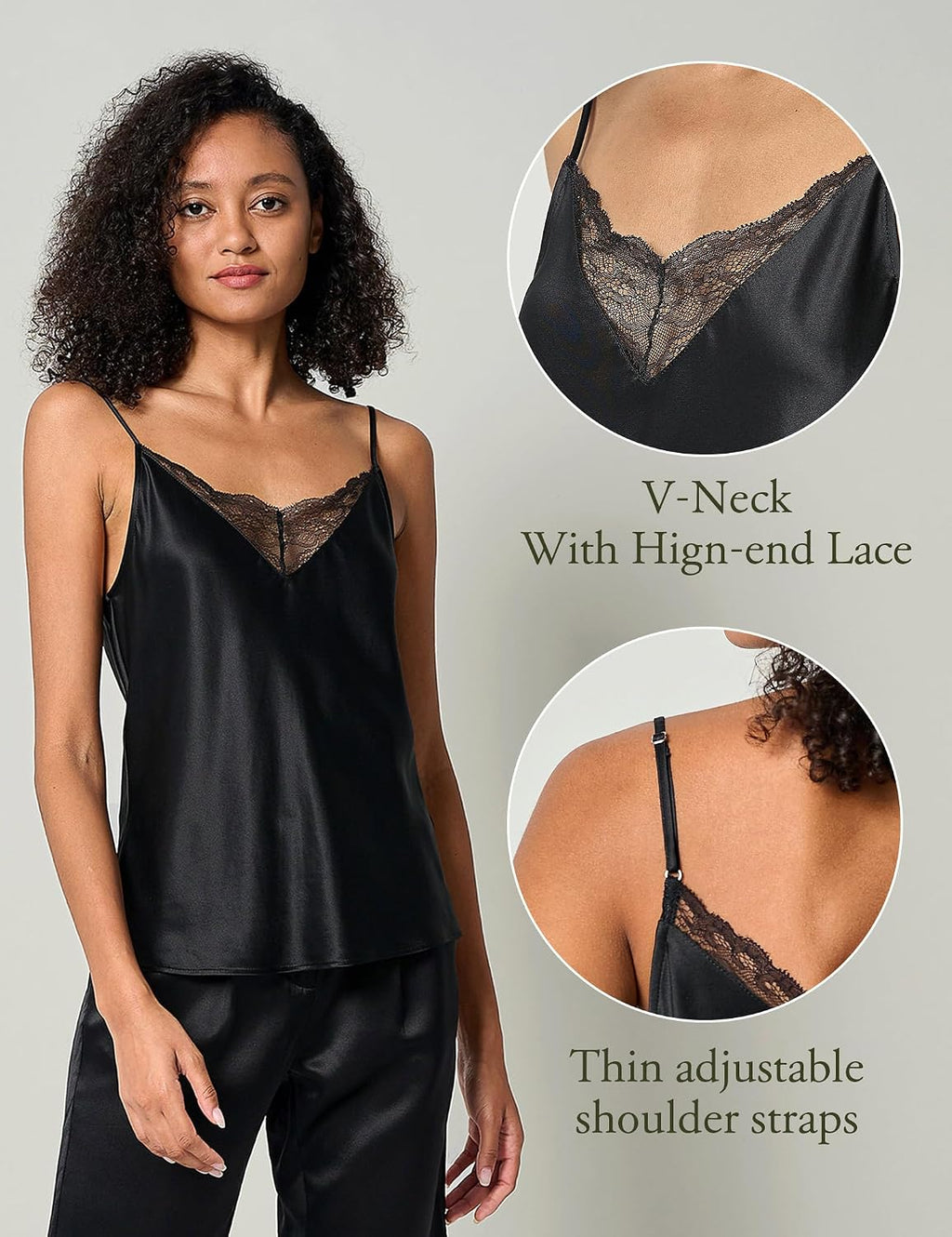 100% Pure Silk Lace Camisole for Women V-Neck Adjustable Straps Ladies Tank Tops for Summer