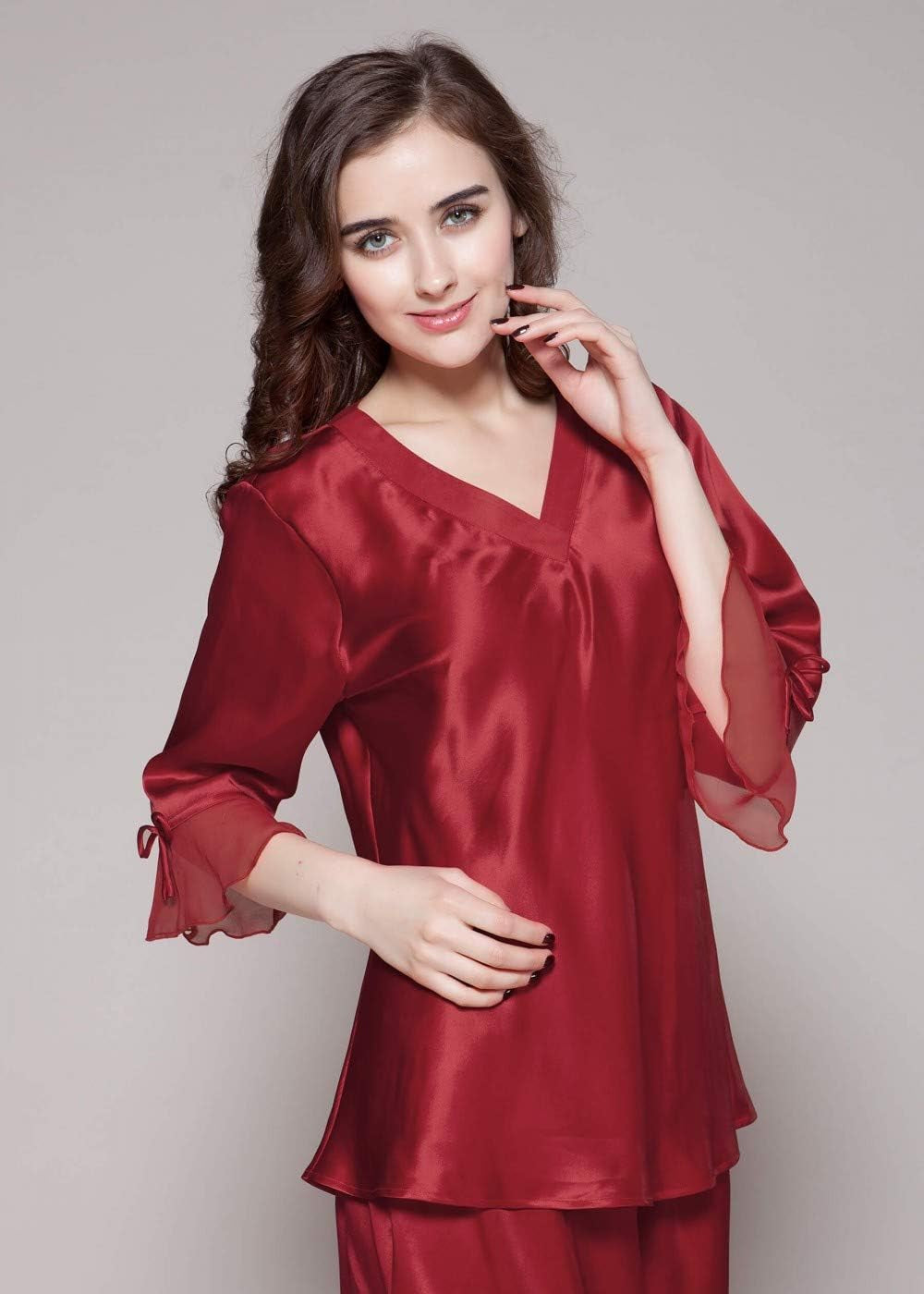 Women'S 100% Silk Pajamas Set V Neck 3/4 Long Sleeve Mulberry Silk Sleepwear