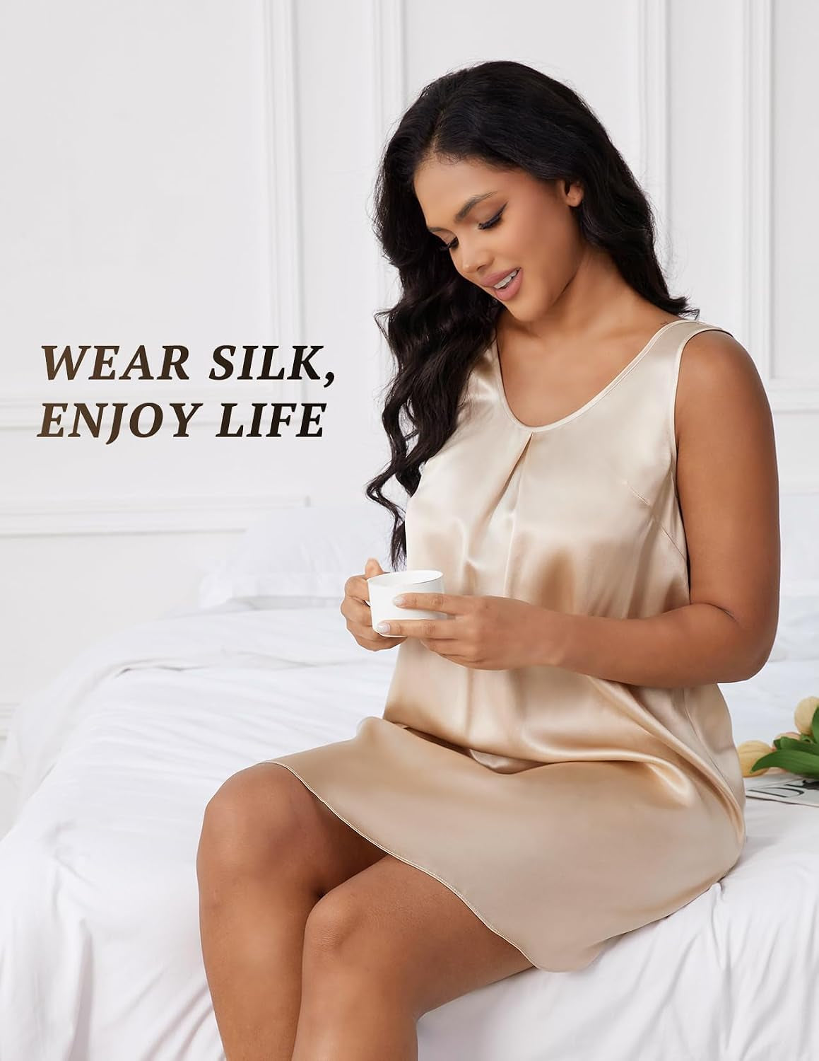 100% 22 Momme Mulberry Silk Women'S Sleeveless V Neck Nightgown Soft Comfy Sleepwear