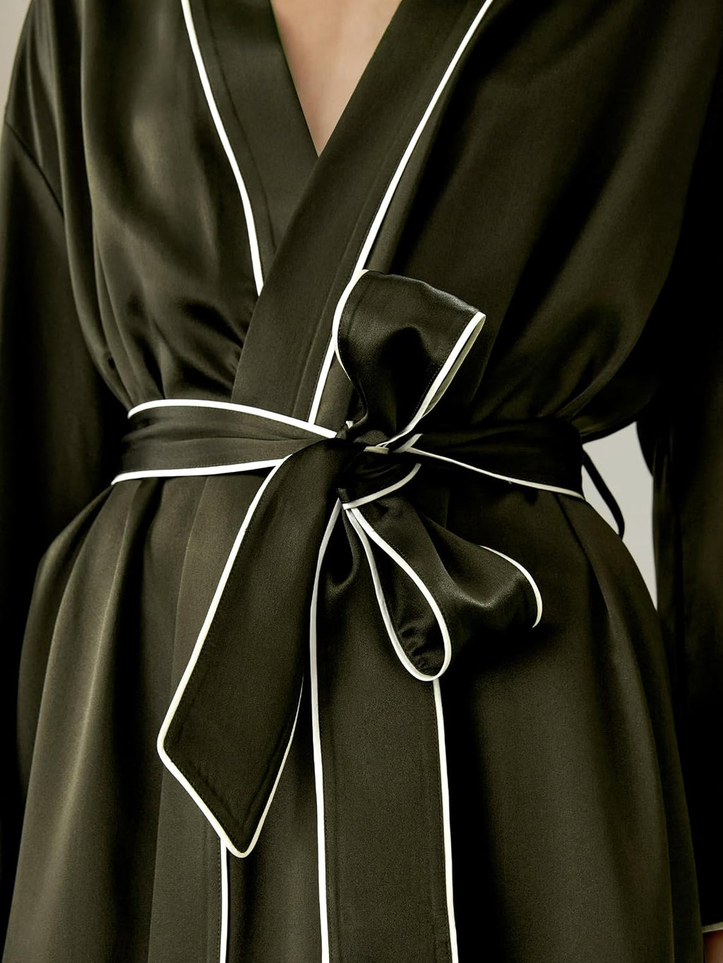 Womens Silk Robe Ladies Long Sleeves Contrast Piping Nightwear with Belt Sleepwear Loungewear Home