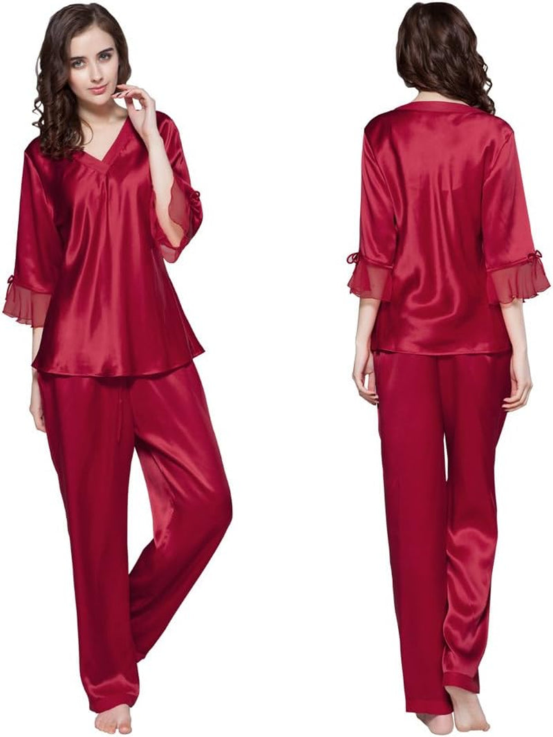 Women'S 100% Silk Pajamas Set V Neck 3/4 Long Sleeve Mulberry Silk Sleepwear